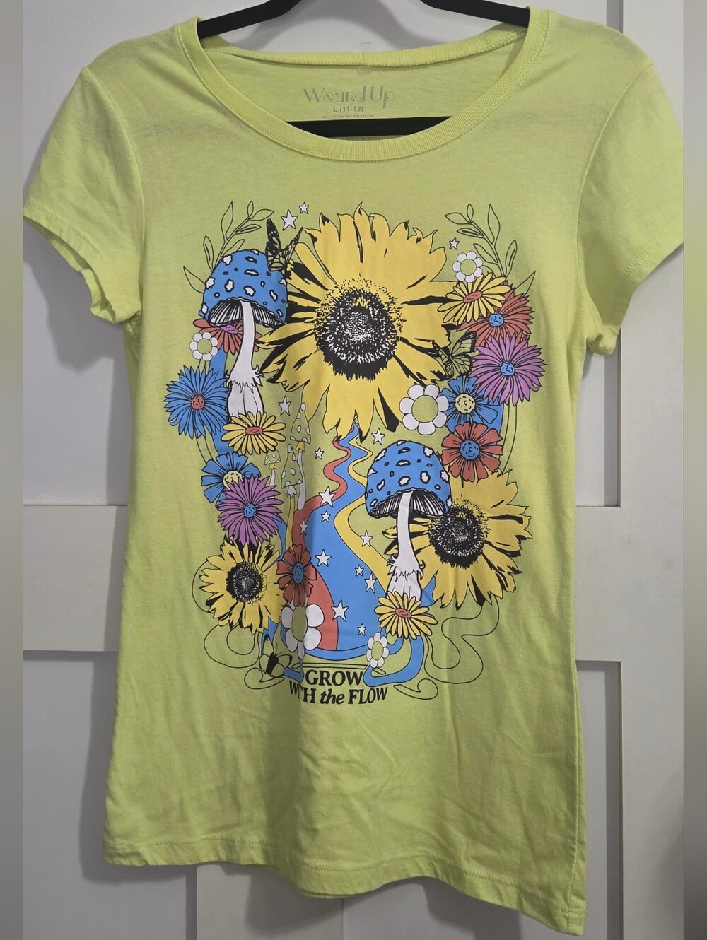 Wound Up - Lime Green Short Sleeve Tee with Sunflower & Mushroom Graphic
